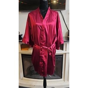 Turquaz Linen Satin Robe Womens Large Wine Red Kimono Side Pocket